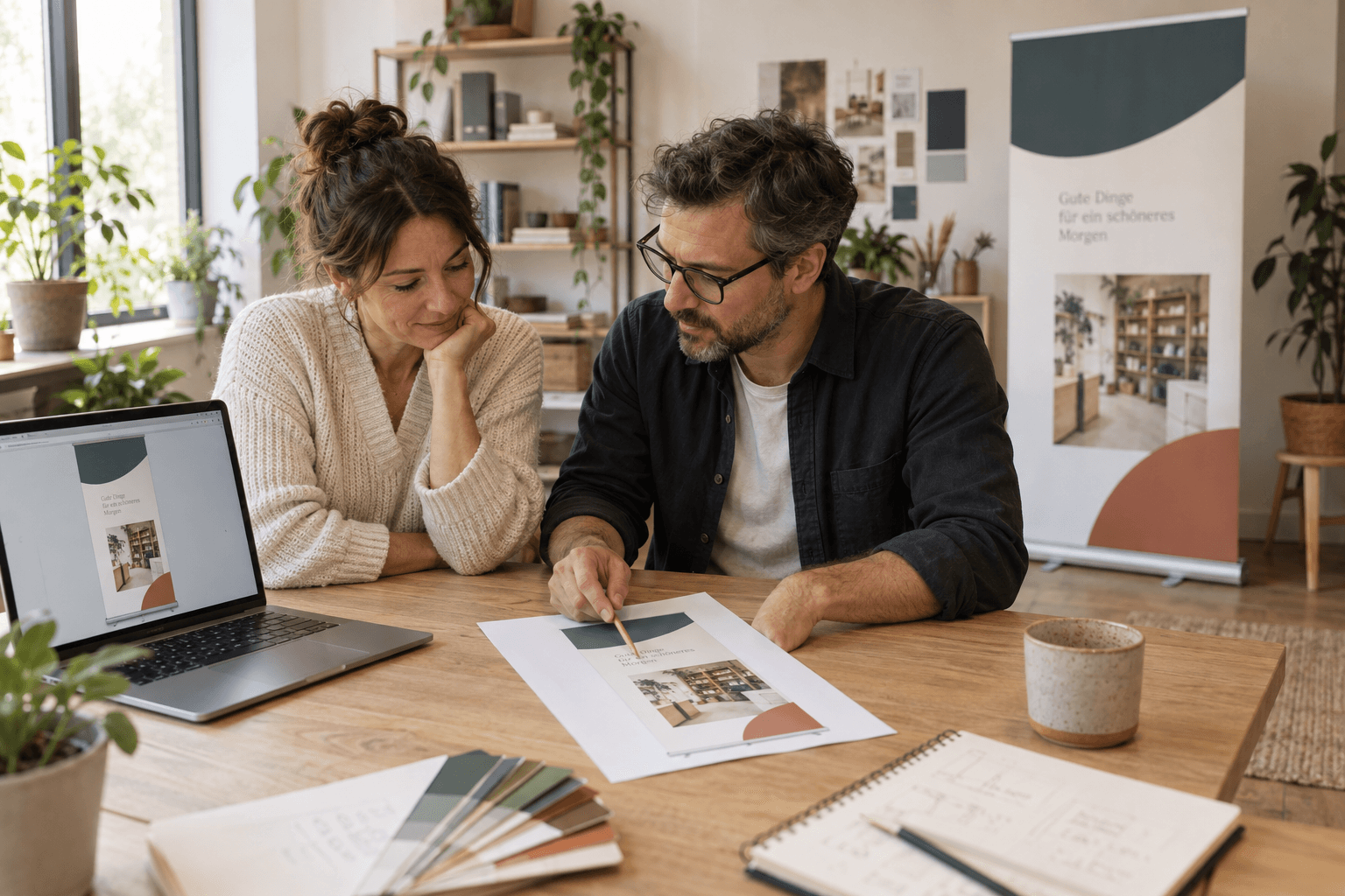 Illustrative Szene zur Druckvorbereitung: Zwei Personen vergleichen einen Rollup-Entwurf auf dem Laptop mit einem Papierausdruck