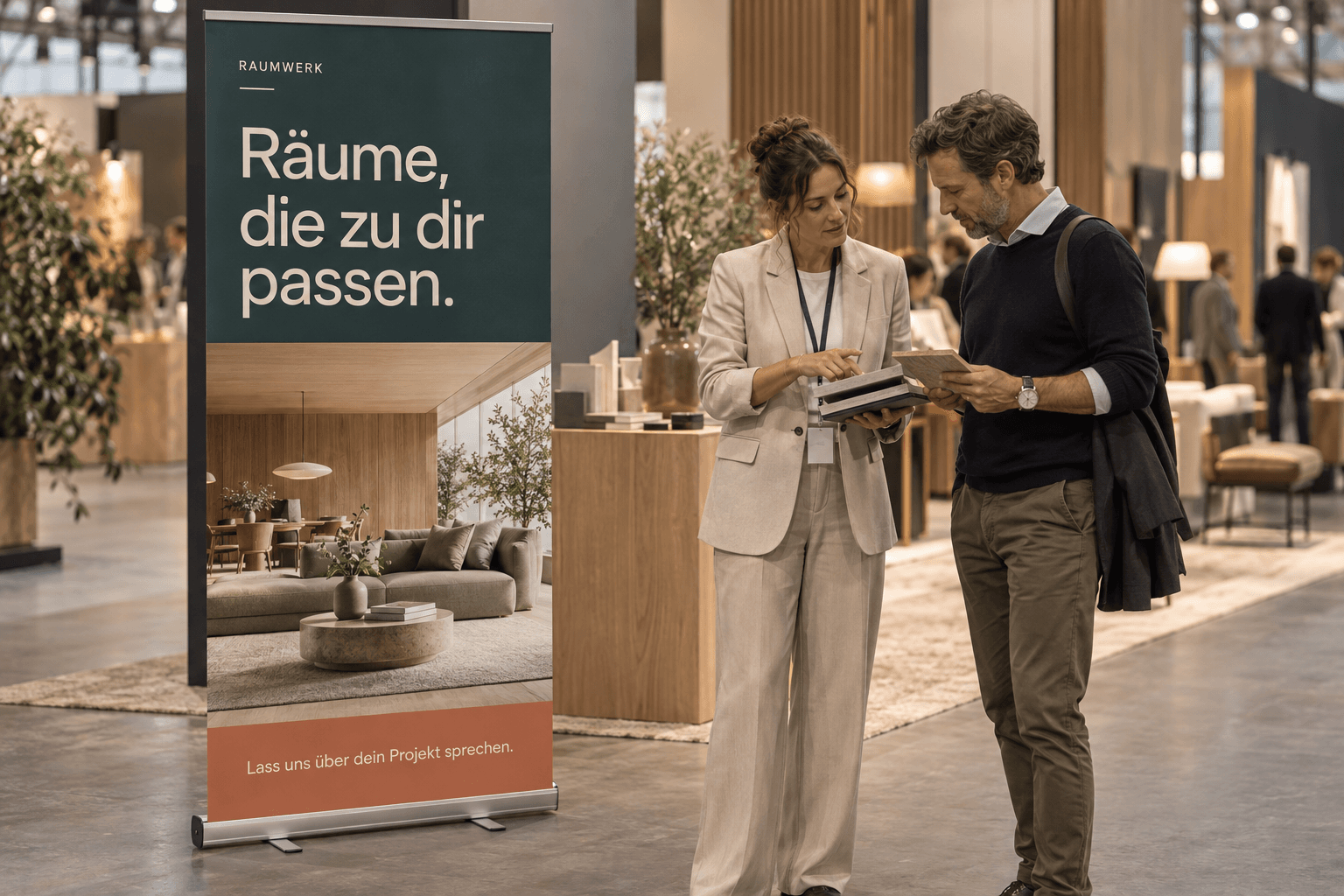 Illustrative Messeszene: Zwei Menschen im Gespräch neben einem Rollup mit einer klaren Hauptbotschaft