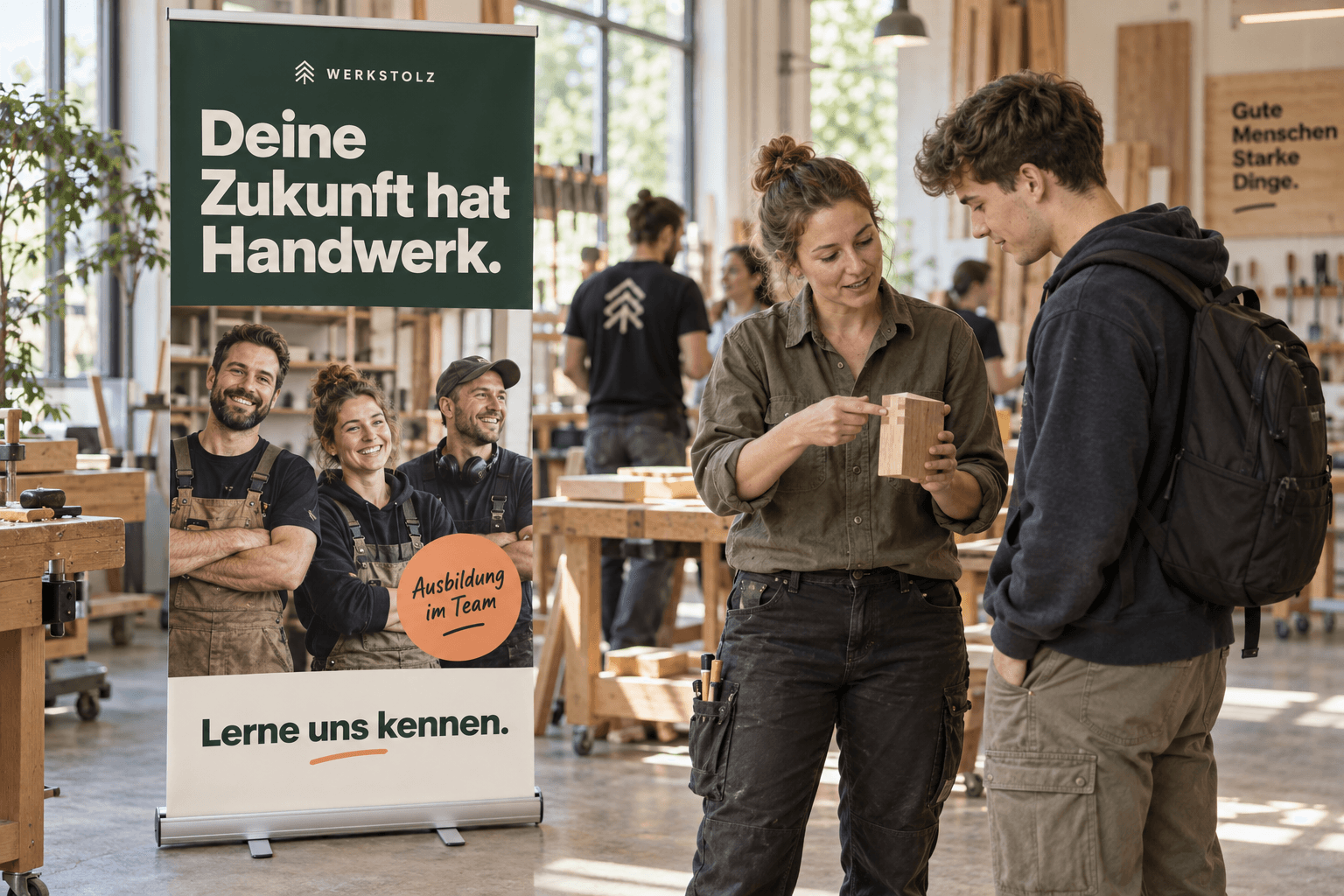Illustratives Recruiting-Rollup mit kurzer Überschrift, Teamfoto und einer Einladung zum Kennenlernen