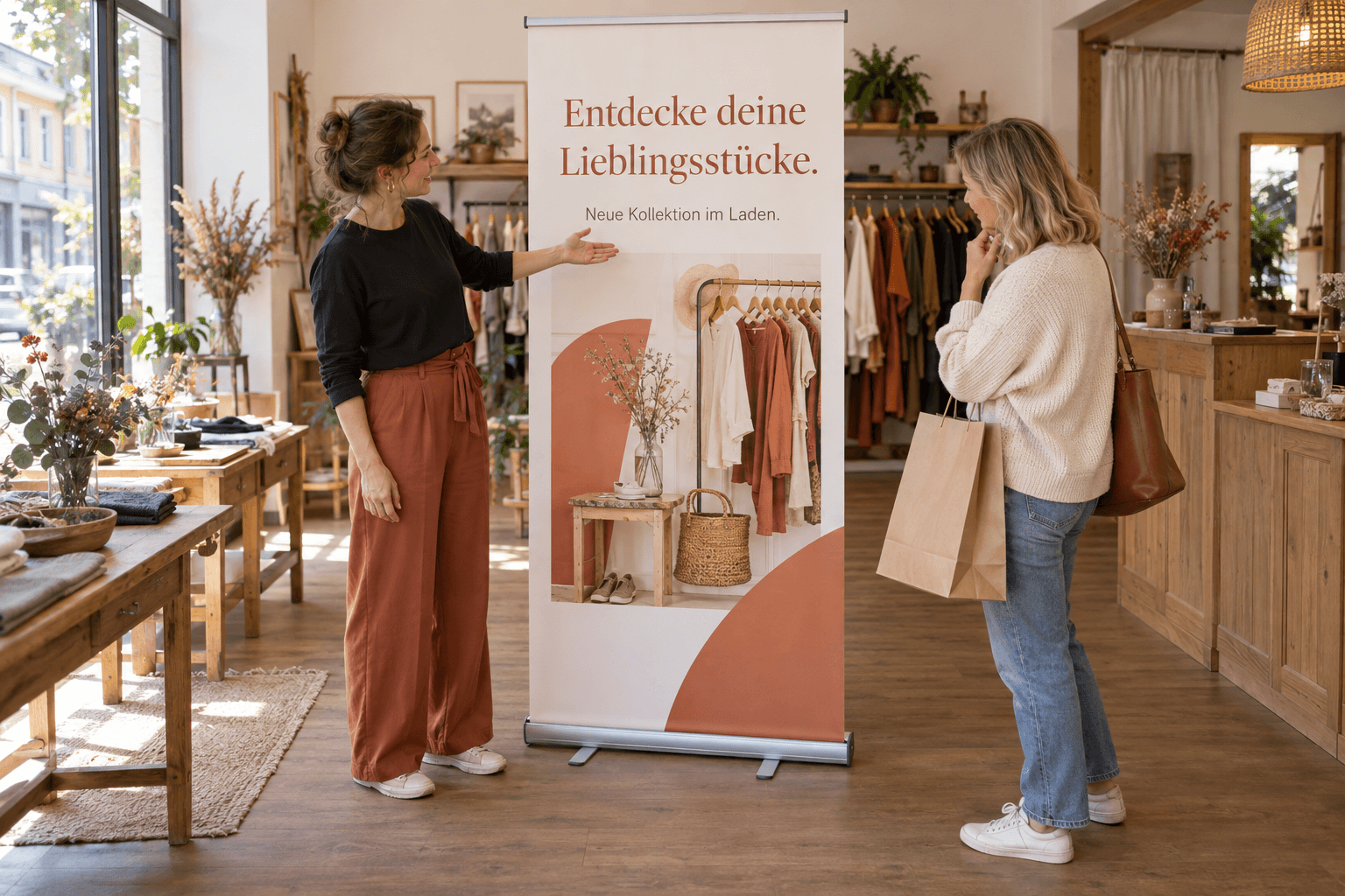 Illustrative Ladenszene: Eine Inhaberin zeigt einer Kundin das Rollup neben ihrem Sortiment